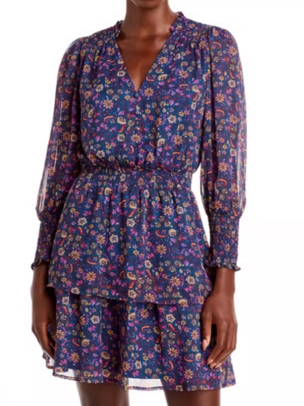 AQUA Floral Paisley Long Sleeve Smocked Waist Mini Dress Small